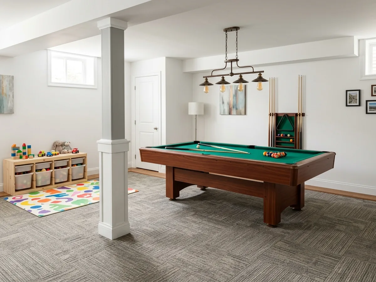 Basement game room with a pool table, toy shelves and a play corner around a trimmed support post