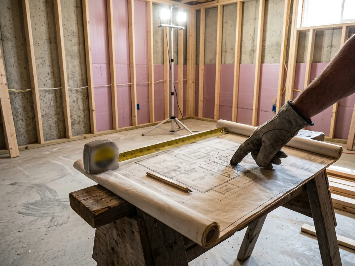 Gloved hand on a floor plan laid over a sawhorse in a basement framed with new stud walls and foam insulation