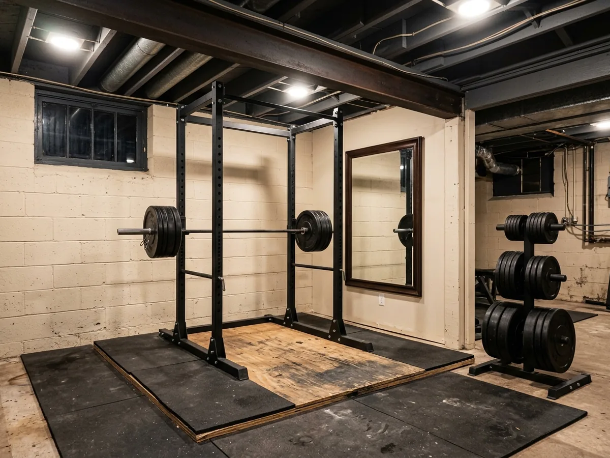 Basement weight room with a power rack, barbell and plates on black rubber stall mats laid over a concrete slab