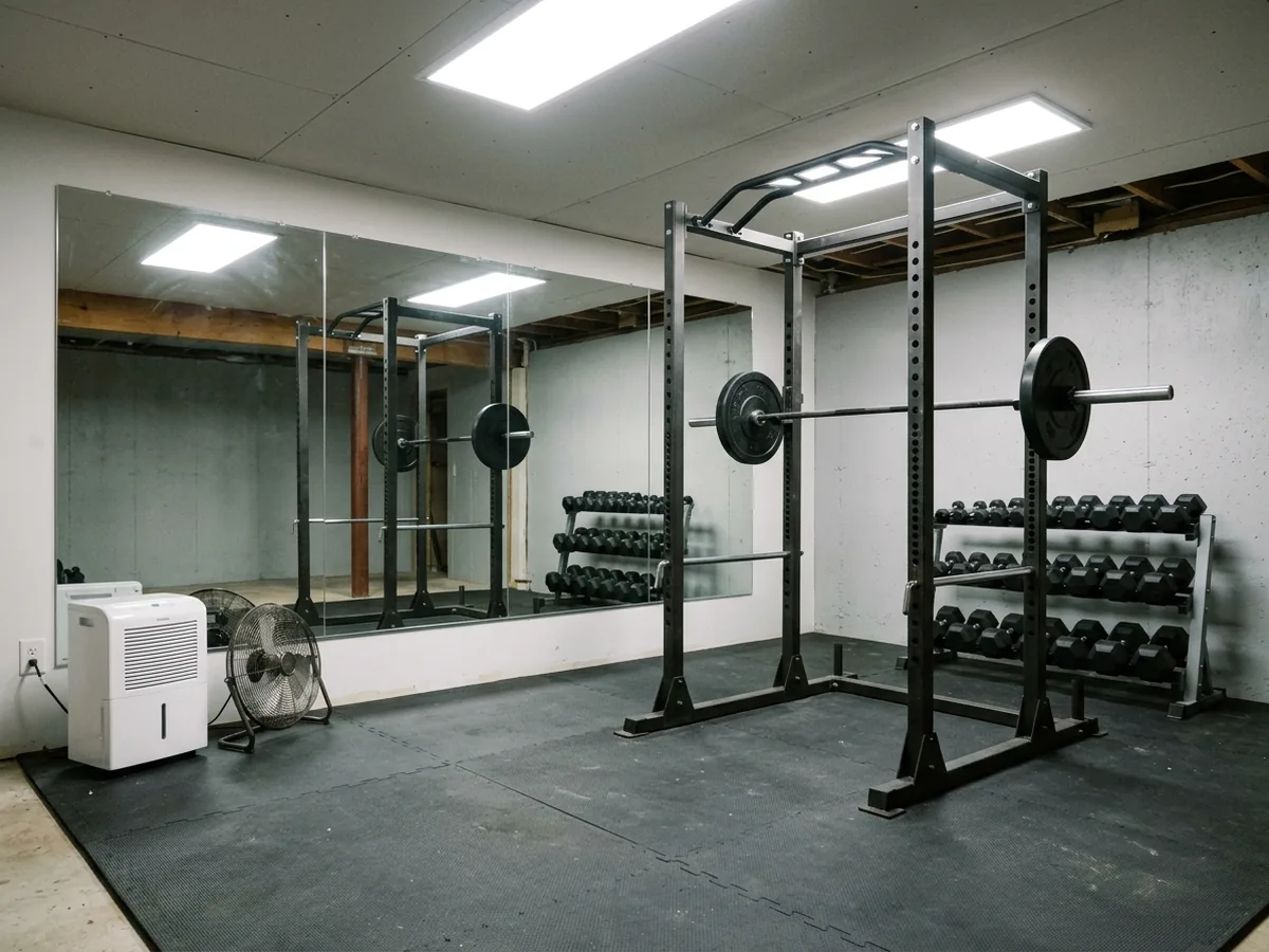 Basement home gym with rubber floor tiles, a squat rack, dumbbells and a mirrored wall