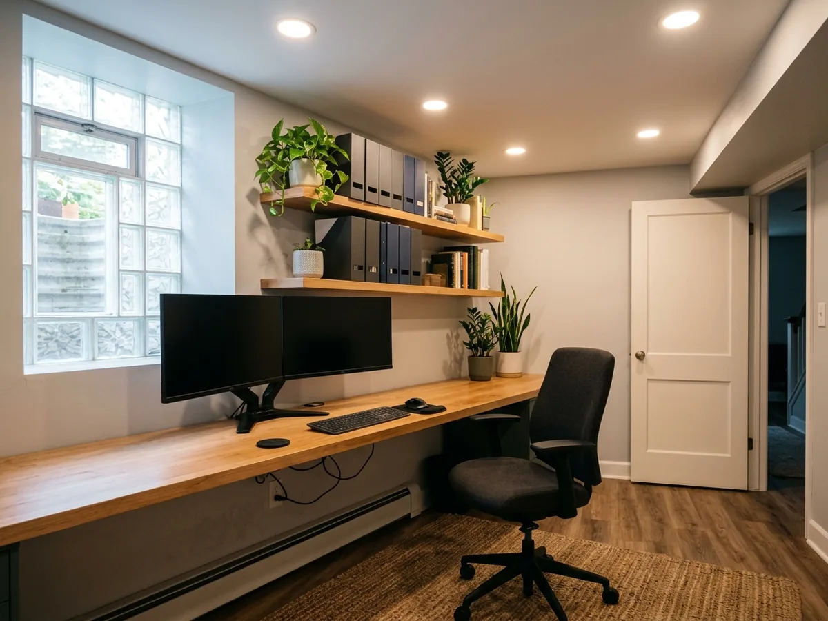 Basement home office with a wall-mounted desk, two monitors set at right angles to a high basement window and shelves above
