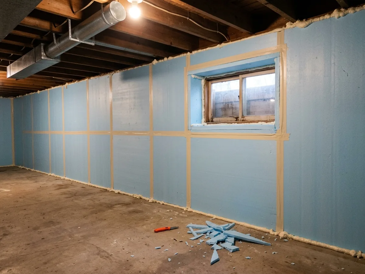 Basement poured concrete wall covered with rigid foam insulation boards with taped seams