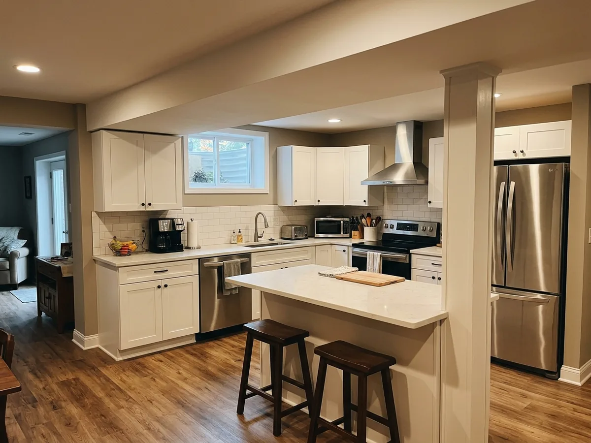 Full basement kitchen with white shaker cabinets, a range under a stainless hood, a full-size fridge and an island