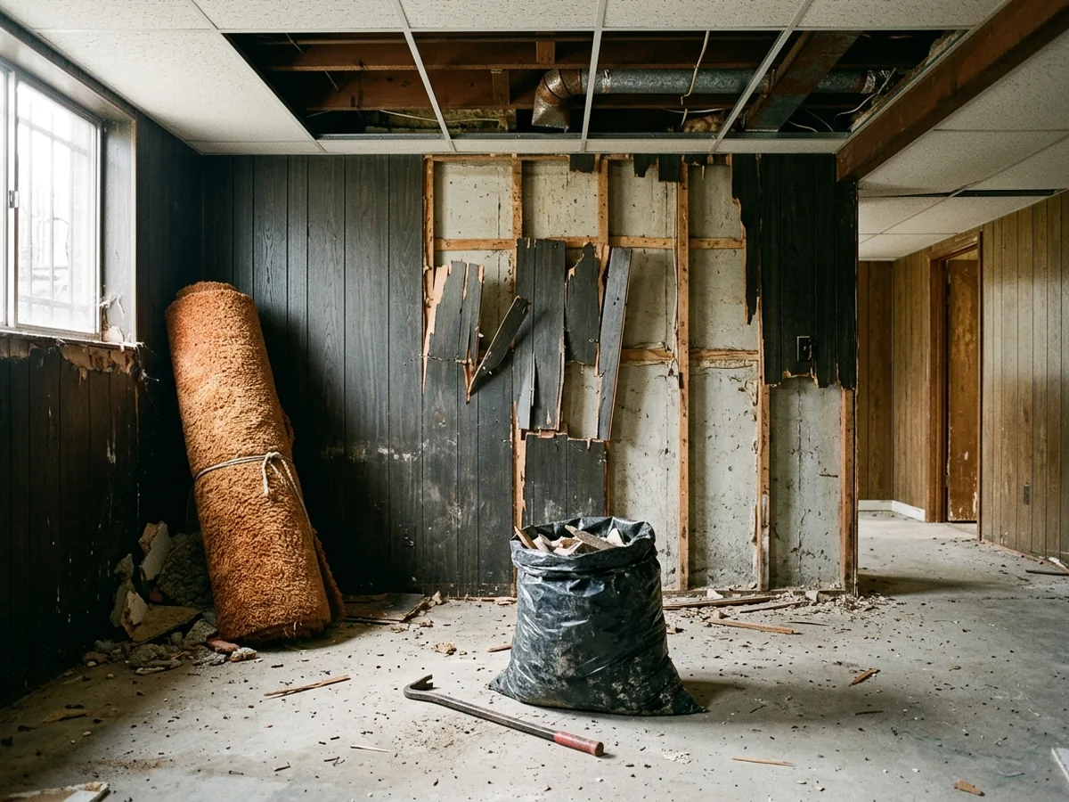 Old wood paneling pulled off a basement wall during a remodel, carpet rolled up and drop ceiling tiles removed