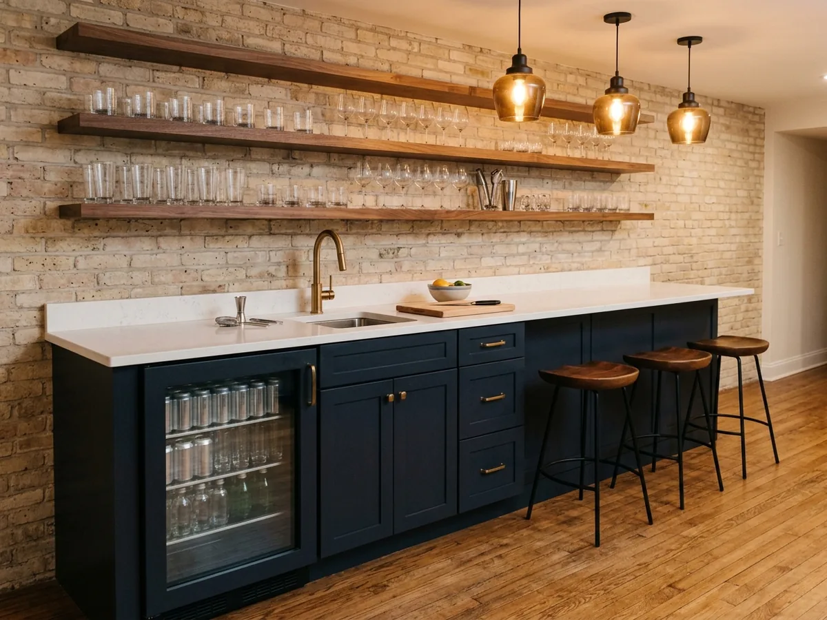 Basement wet bar with navy cabinets, a white quartz counter, bar sink, floating walnut shelves and stools