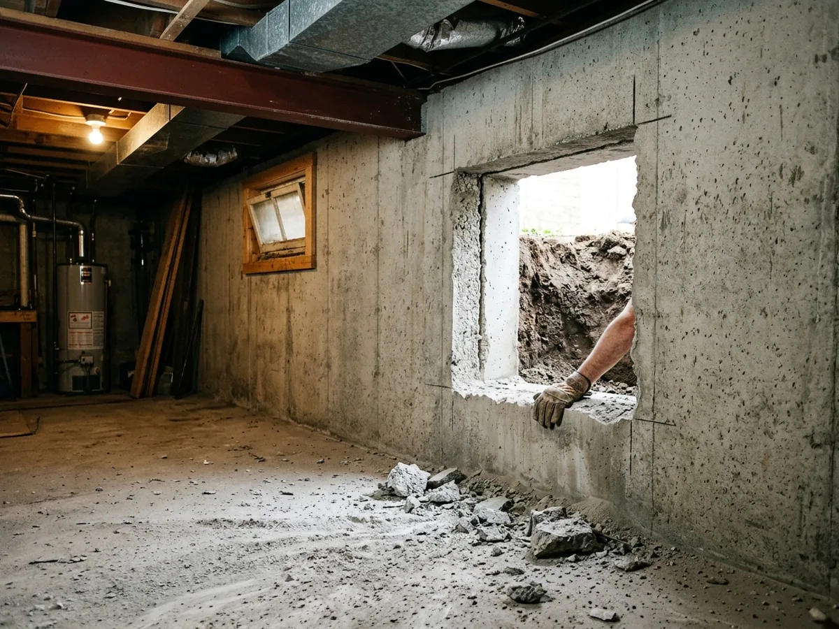 Concrete foundation wall with a freshly saw-cut rectangular opening for a basement egress window, dust on the floor
