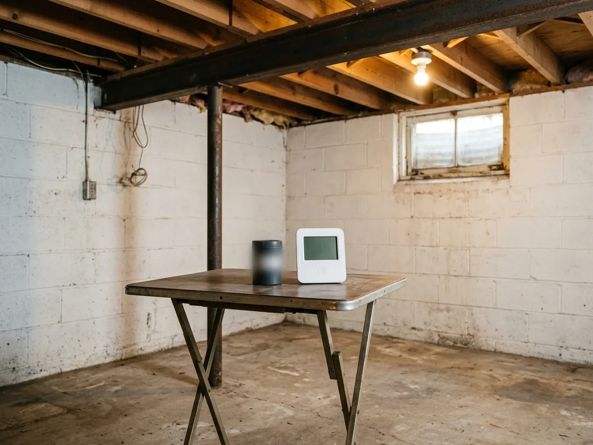 Small radon test kit and a digital radon monitor set on a table in an unfinished basement with block walls